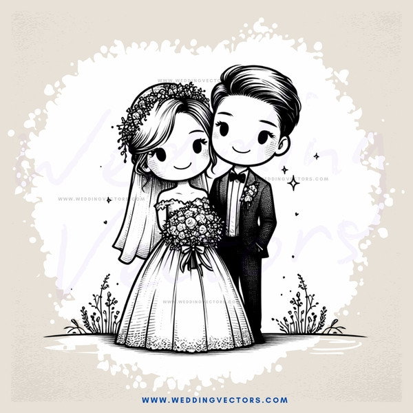 a bride and groom in a field