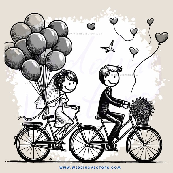 a newly married couple on bikes, with balloons and flowers