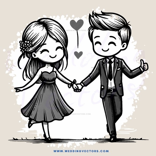 couple holding hands in black and white cartoon illustration