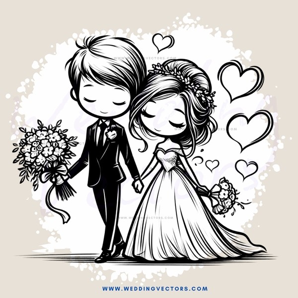 groom and bride pose for photo with flowers and hearts