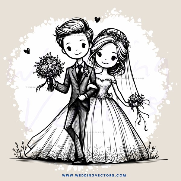 a black and white picture of a bride and groom posing for a picture with flowers