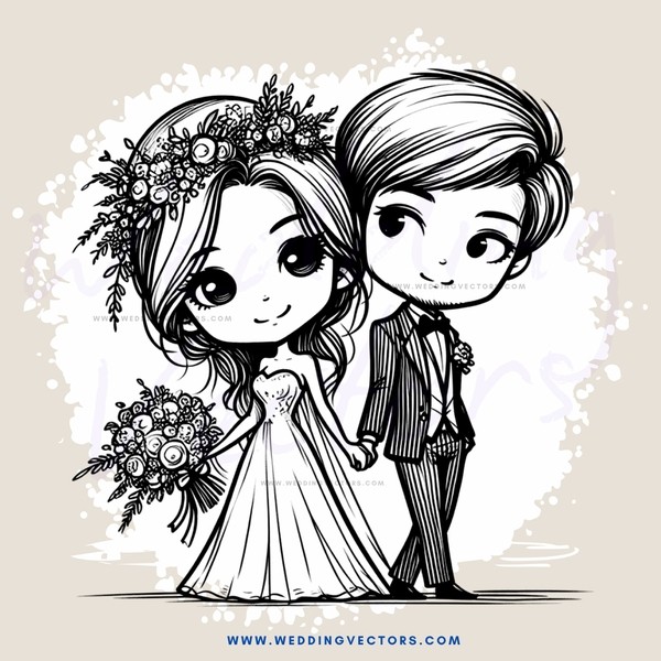 a bride and groom in wedding attire