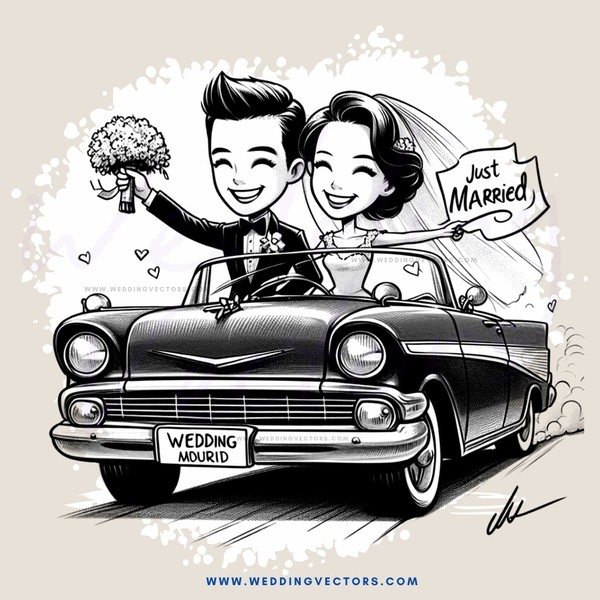 just married cartoon wedding caricature drawing and photo