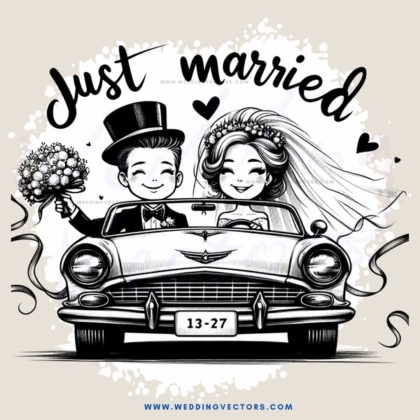 just married couple in car