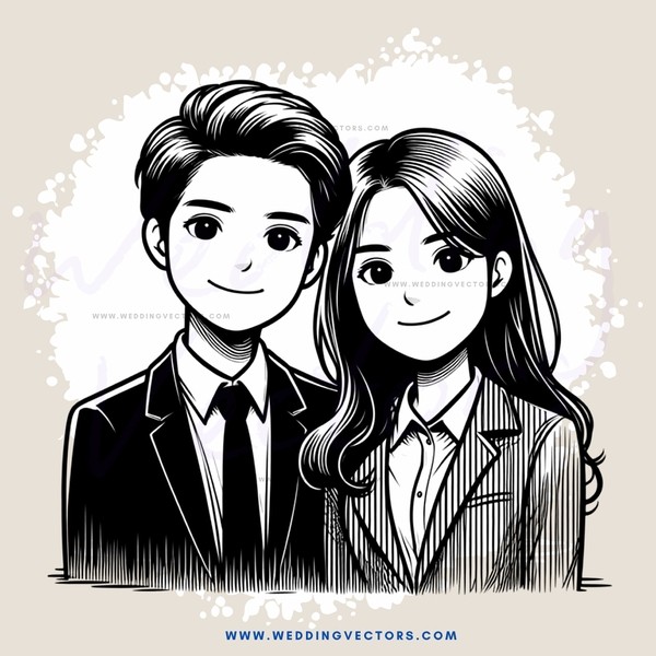 smiling couple in black and white drawing