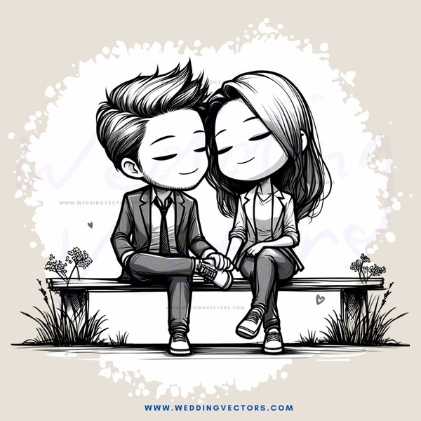 couple sitting on bench with hairdo in cartoon drawing