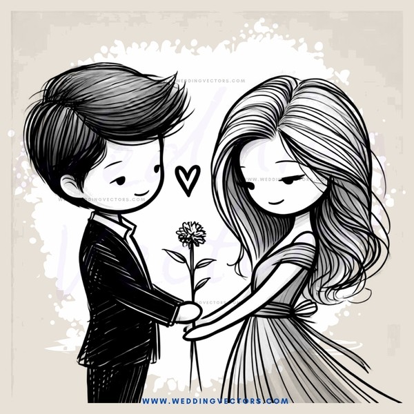 boy and girl holding flower and love heart