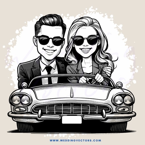a man and woman in sunglasses posing with an old car