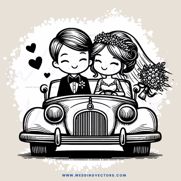 a car with a bride and groom inside