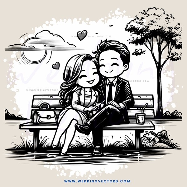 lovers sitting on a bench by a tree with beer glasses in their hands
