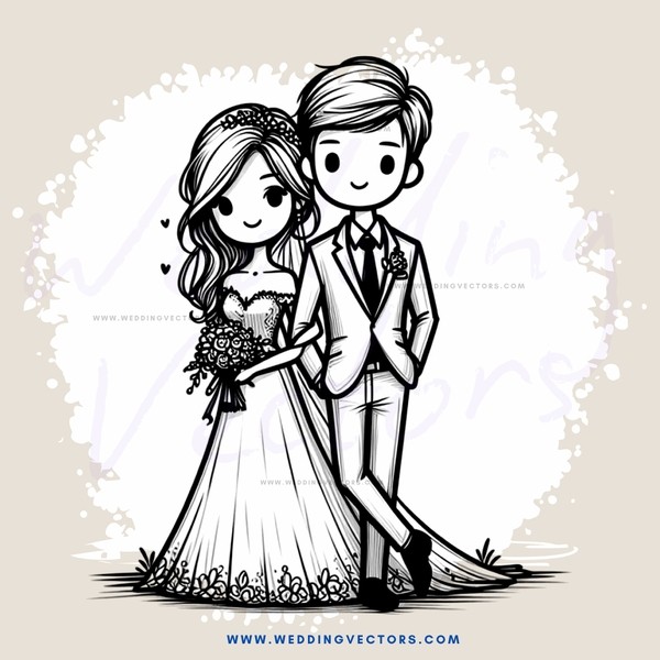 a bride and groom in wedding attire with their backs turned