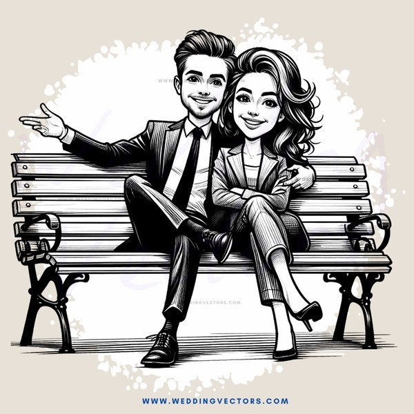 a couple sitting on a bench with one pointing outward