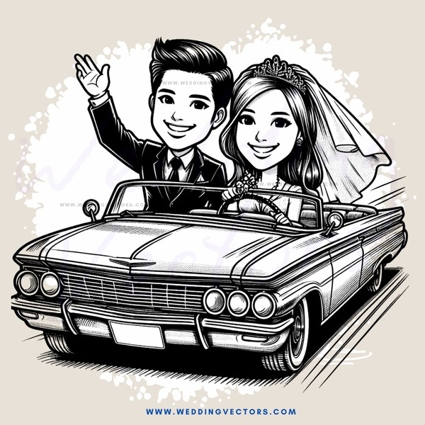 newly married couple on their honeymoon in a vintage car