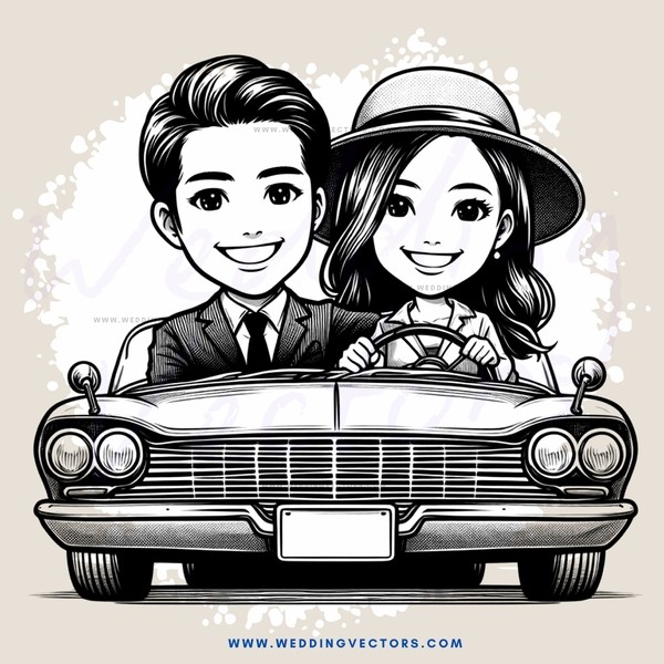 a couple driving in a vintage car
