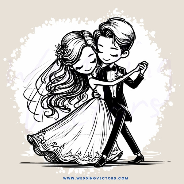 a bride and groom in black and white dance together