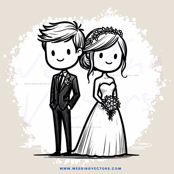 a bride and groom in wedding attire