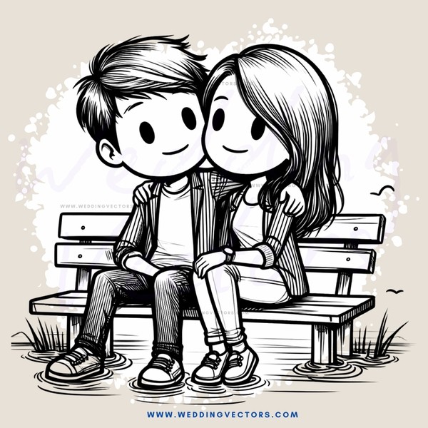 a boy and girl hugging on a bench