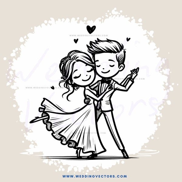 a couple dancing together with hearts surrounding them