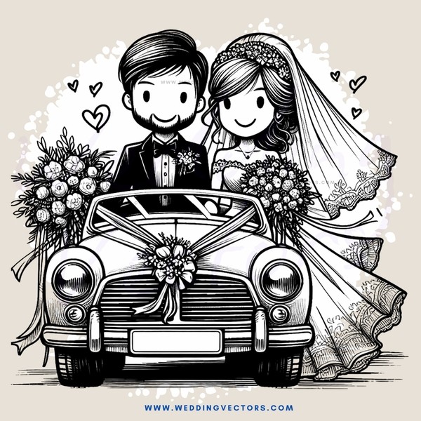 groom and bride in car