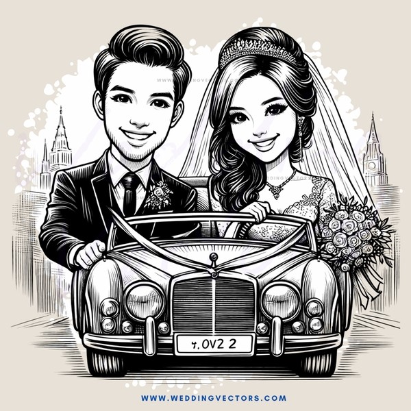 wedding car in black and white image