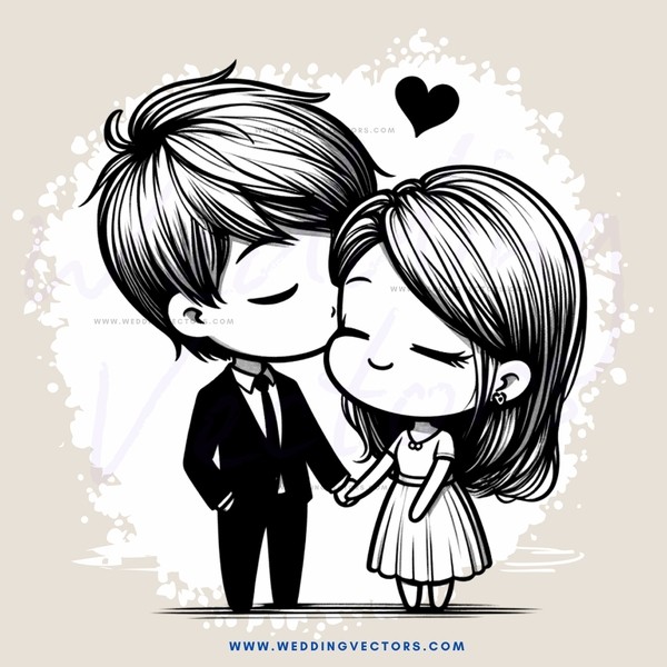 kissing couple in black and white cartoon illustration
