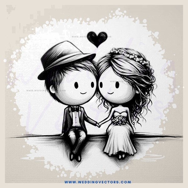 a young couple in wedding attire with hats and an "i <3 u" heart