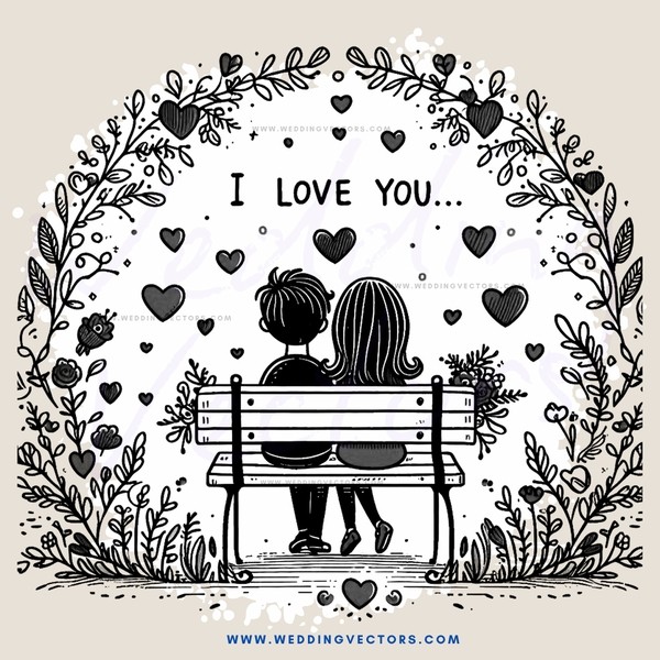 a couple on a bench with love hearts around them