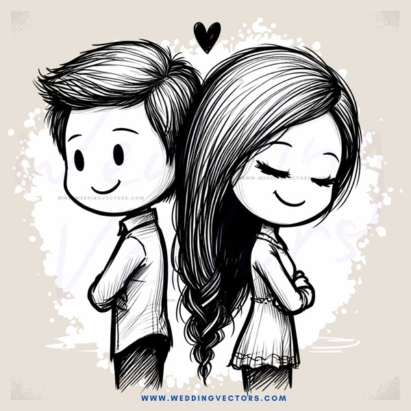 two people standing close together with hearts above them