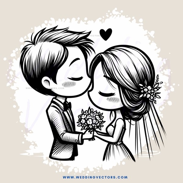 couple kissing with flowers and an i heart shape above them