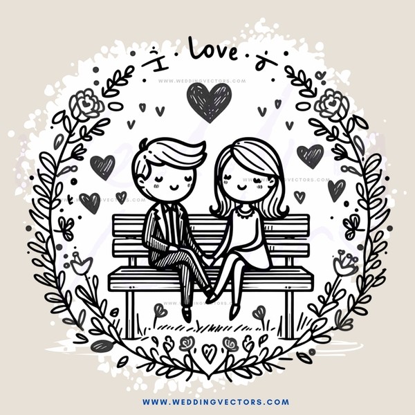 lovers sitting on a bench with hearts surrounding them