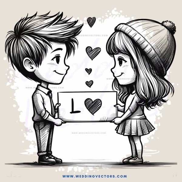 a boy and girl holding a sign that says "l" with hearts above their heads