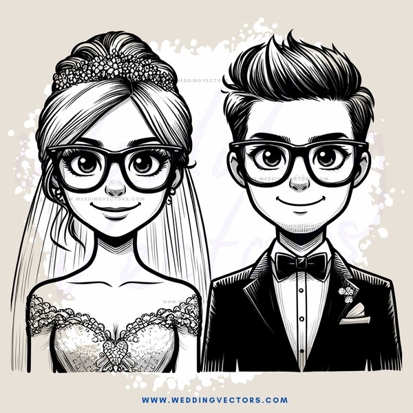 a bride and groom drawing with eyeglasses