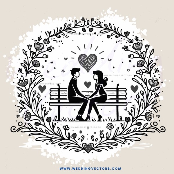 a couple on a bench with hearts and flowers around them