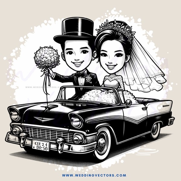 a wedding caricature with black and white colors