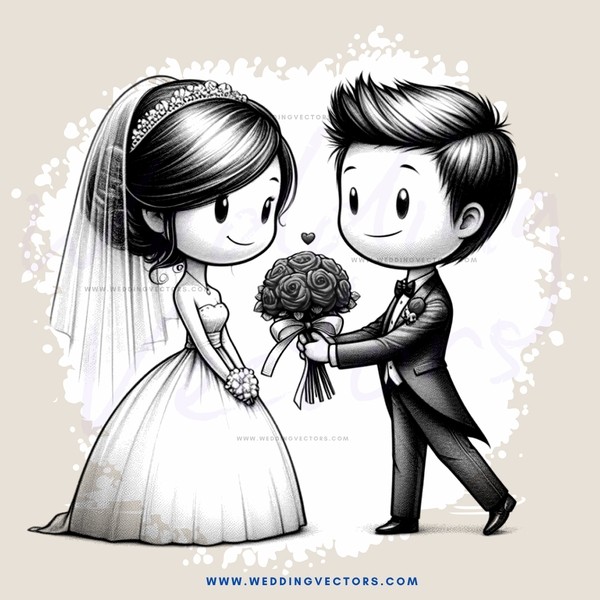 bride and groom holding flowers and fruit