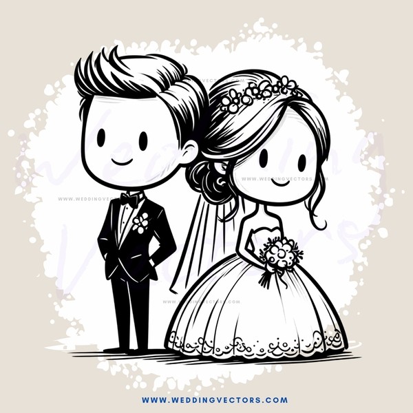 wedding couple black and white cartoon drawing