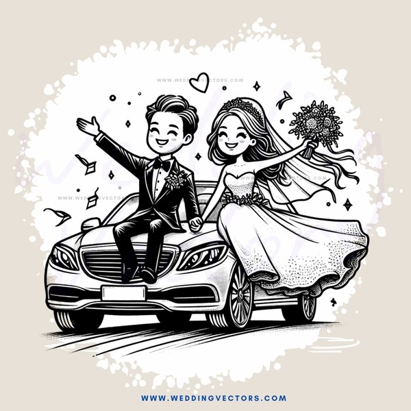 a bride and groom in their wedding car