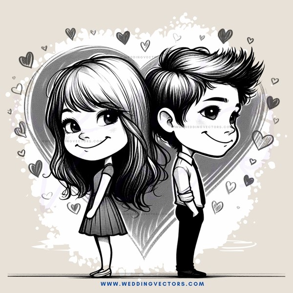 a boy and girl with heart shaped hearts over their shoulders
