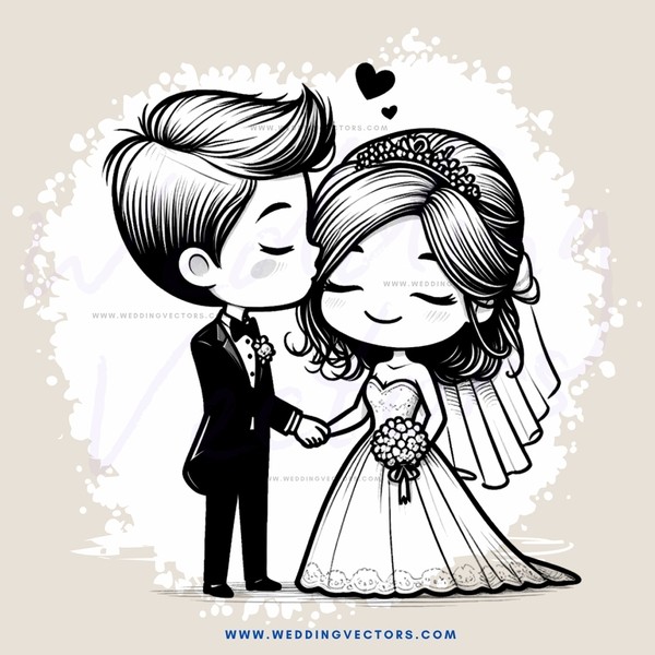 a wedding kiss drawing in black and white