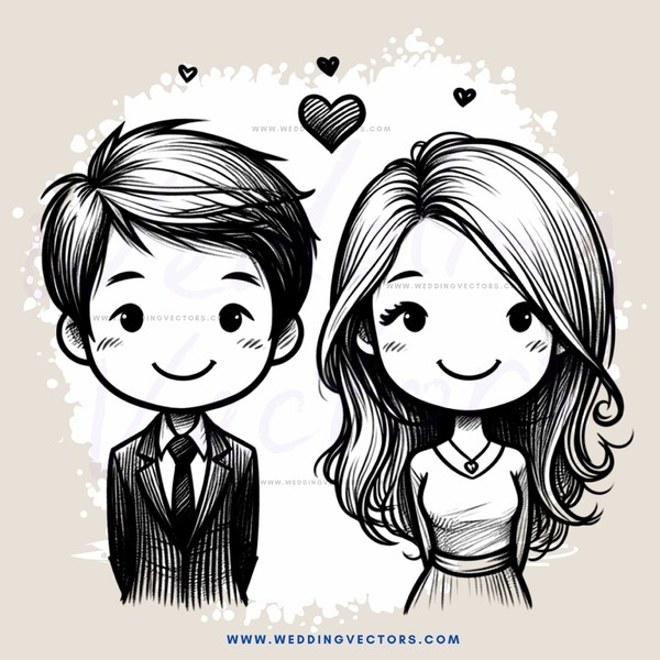 smiling couple in black and white drawing