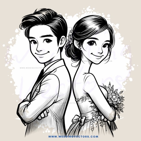 a young couple in wedding attire