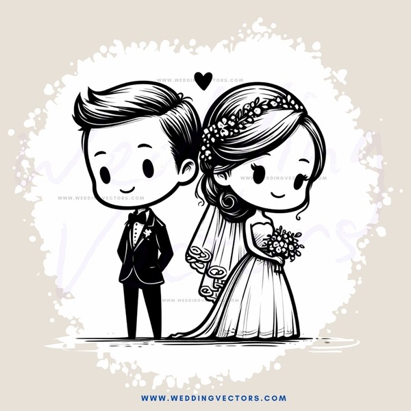 wedding couple in black and white cartoon illustration
