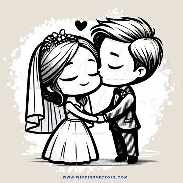 a bride and groom kissing in an illustrated picture