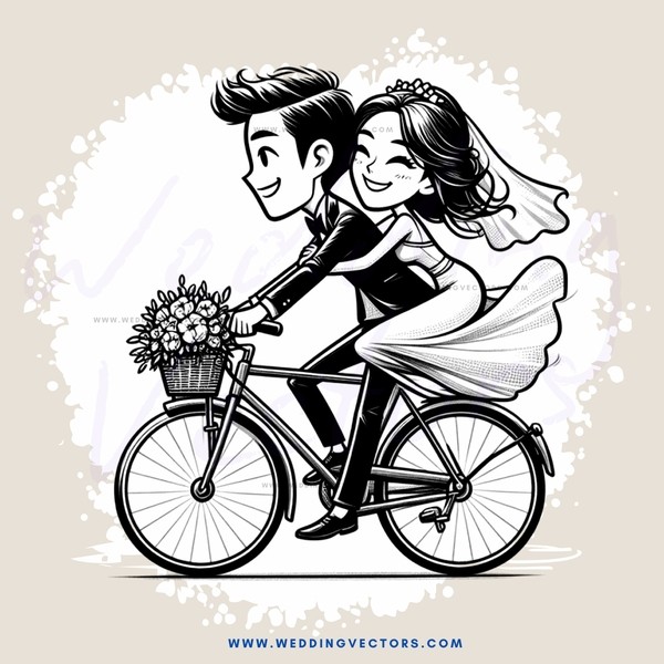 a bride and groom on a bike with flowers in their hand