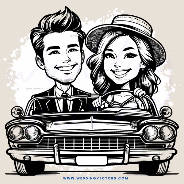 the smiling man and lady in the old car