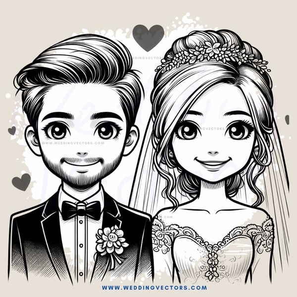 a bride and groom in black and white with beards