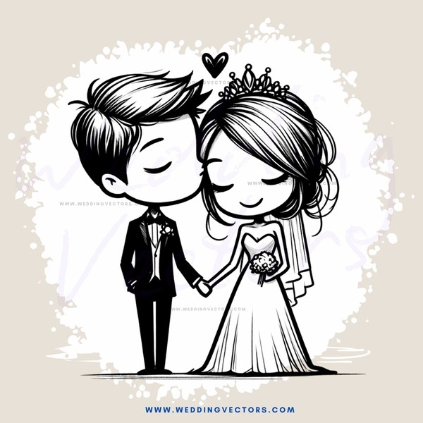 a black and white wedding kissing illustration