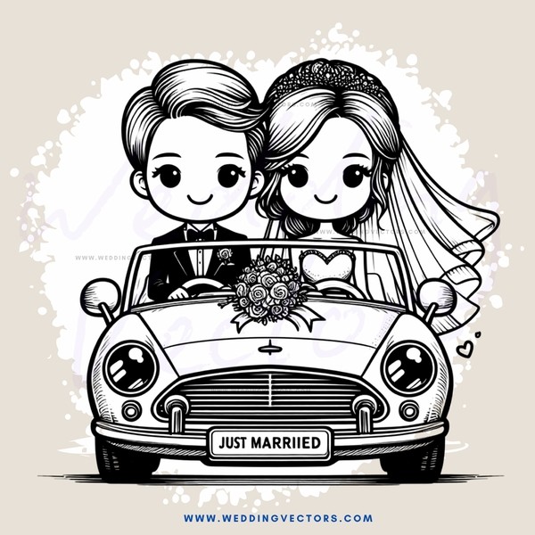a bride and groom in their car