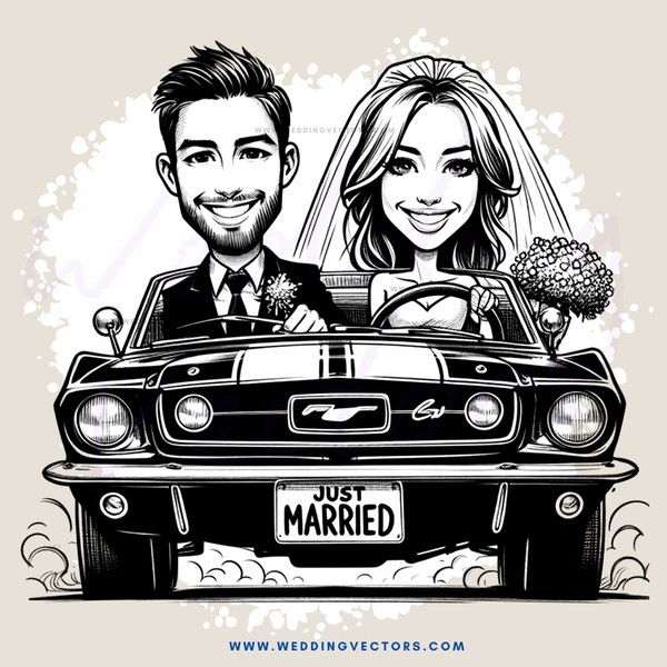 a caricature drawing of a bride and groom in a car