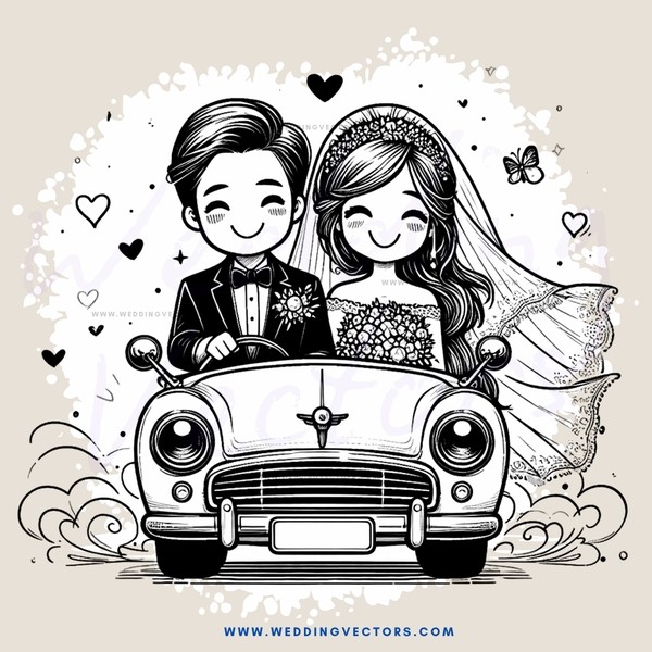 a couple posing with their wedding car